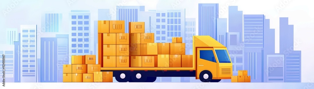 Animated delivery truck with stacked boxes in a modern cityscape background representing logistics and shipping services for e-commerce businesses Animated delivery truck with stacked boxes in a modern cityscape background representing logistics and shipping services for e-commerce businesses