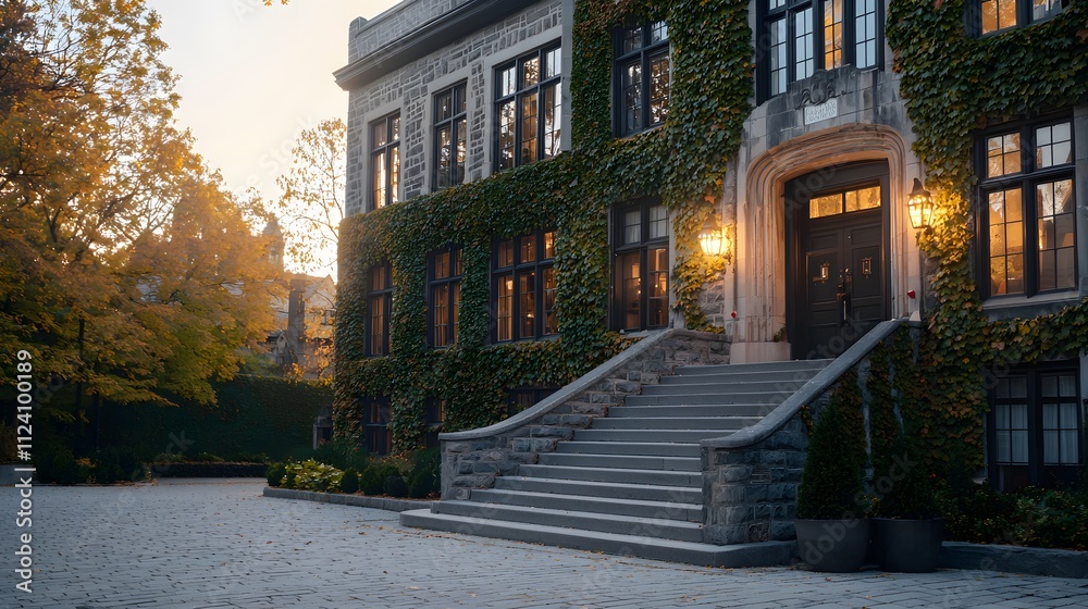 Fototapeta premium Majestic Heritage Building Exterior Featuring Elegant Architecture, Lush Greenery, and Warm Lighting in a Serene Environment Perfect for Stock Photography Use