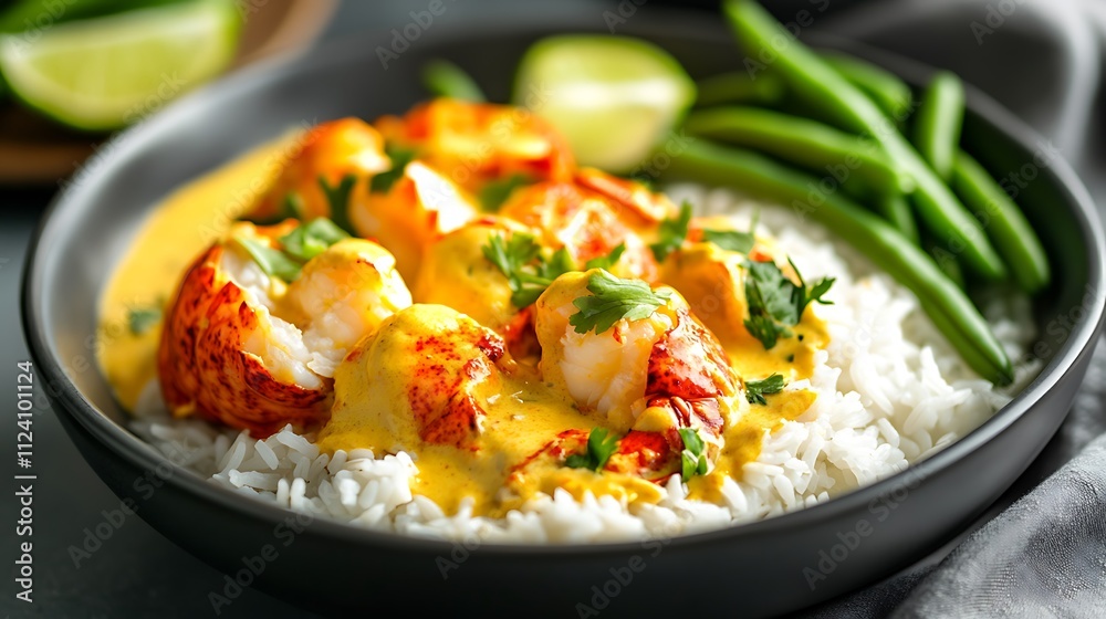 Lobster, white rice, and lime sauce in a bowl with green beans on the side, with the vibrant yellow color of the creamy, buttery lobster curry sauce Lobster, white rice, and lime sauce in a bowl with green beans on the side, with the vibrant yellow color of the creamy, buttery lobster curry sauce