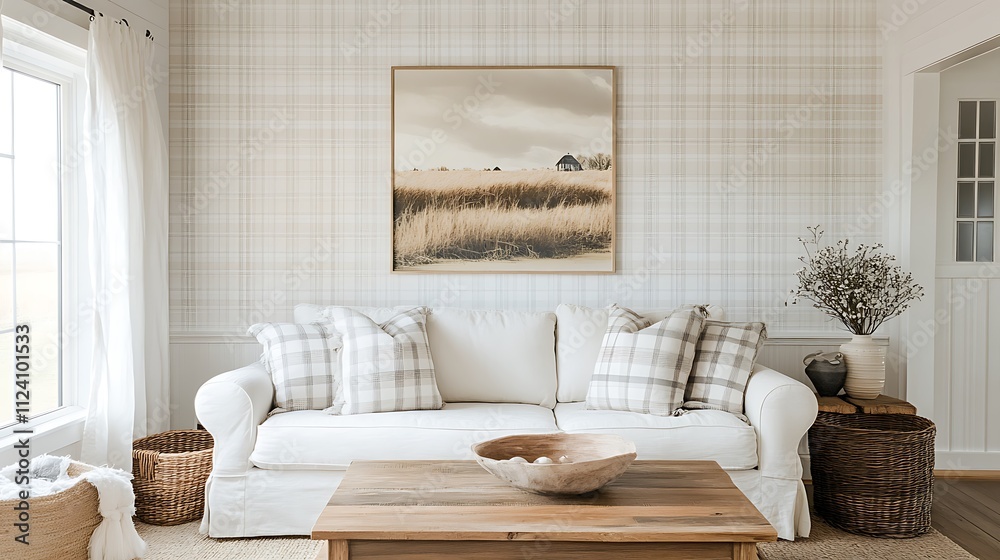 Minimalist farmhouse living room, Valentine's wallpaper with cream and blush plaid hearts