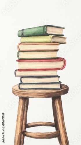 Colorful watercolor stack of books on wooden stool home decor art