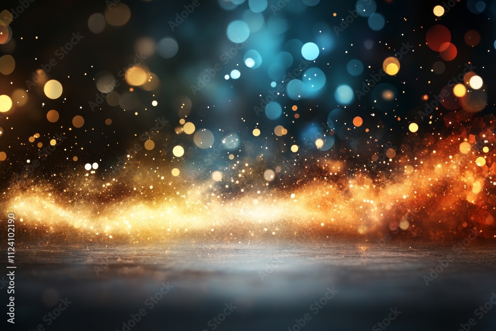 Obraz premium An abstract image filled with beautiful bokeh lights in blue and gold hues, creating an enchanting and mystical ambiance, symbolizing dreams and imagination in vivid colors.
