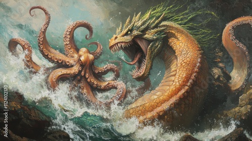 Sea Serpent battles Giant Octopus in stormy ocean. photo