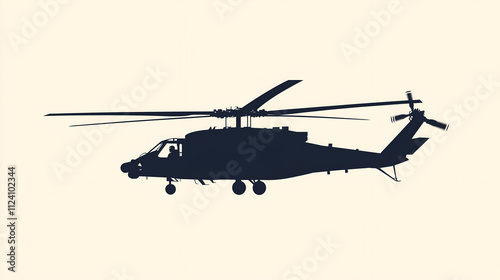 White background, black silhouette of an attack helicopter flying in the air