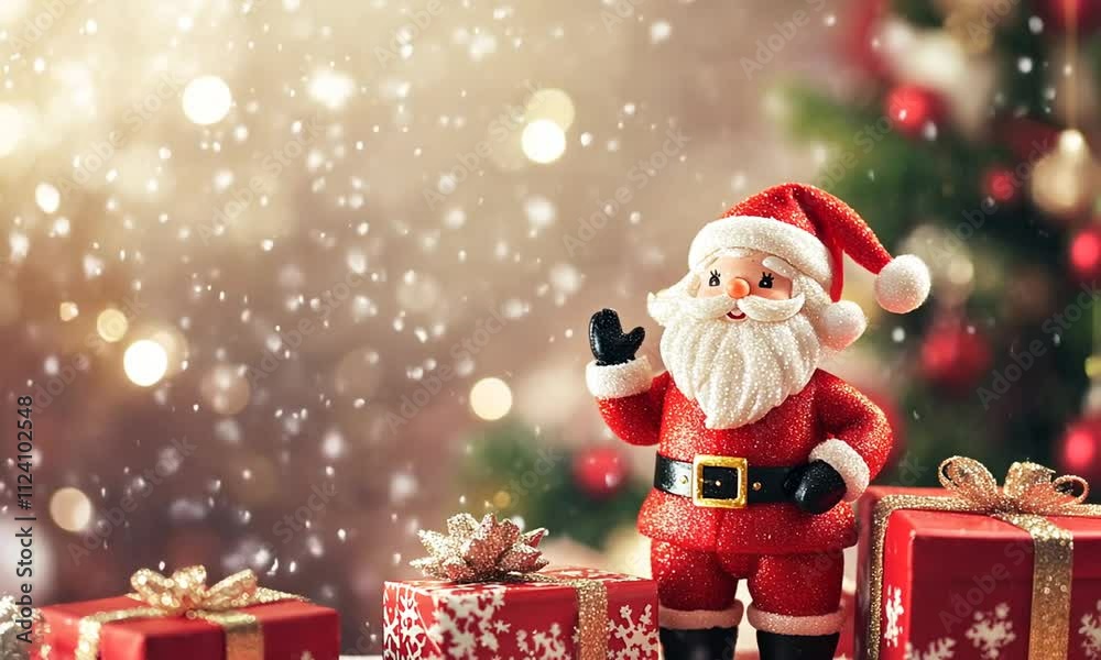 Santa's Festive Arrival: A jolly Santa Claus figurine stands amidst a flurry of snowfall, surrounded by festively wrapped presents, creating a magical and heartwarming Christmas scene.