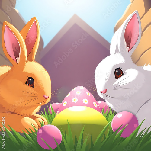 Cartoon style illustration of Easter bunny and Easter eggs