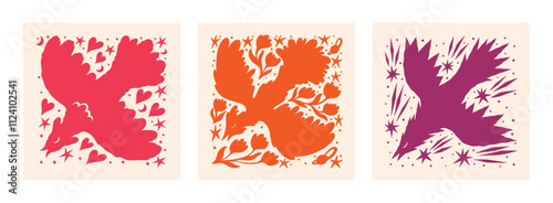 Scandinavian bird. Simple folkart details. Swedish or Slavic folk animal art. Retro summer flowers and flying animals. Norway color sparrow. Folklore motif. Vector doodle songbirds set