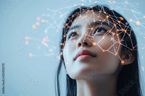A futuristic portrayal of a woman gazing upwards, with a digital network overlay on her face, representing the intersection of humanity and technology.