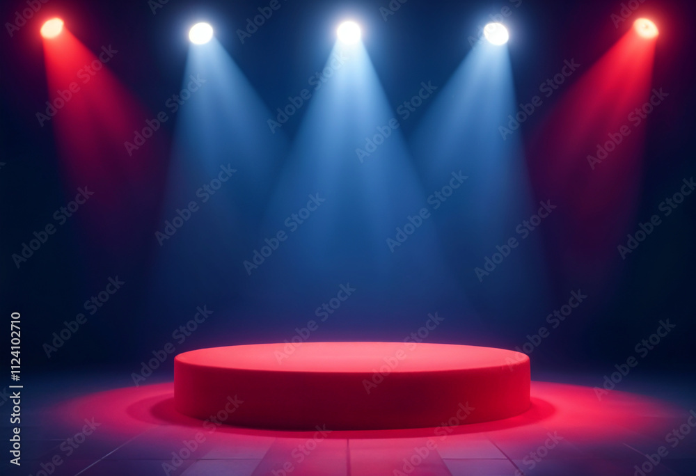 Podium set with red carpet Spotlight lights and a dark blue background Podium set with red carpet Spotlight lights and a dark blue background