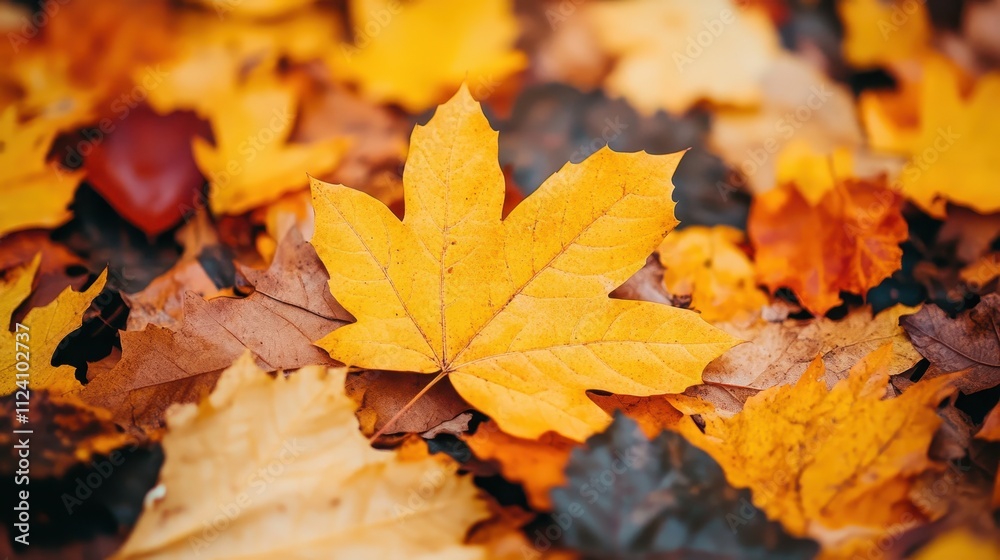 Vibrant yellow maple leaf among autumn foliage. Perfect for fall themes, seasonal designs, or nature-related projects.