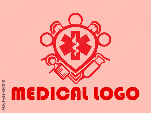 Red Star of Life symbol with text Medical Logo suitable for healthcare organizations, medical clinics, and pharmaceutical companies for branding