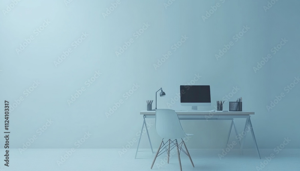 Modern Home Office Setup: Desk, Chair, Computer, and Minimalist Decor, Inspiring Workspace Design. Modern Home Office Setup: Desk, Chair, Computer, and Minimalist Decor, Inspiring Workspace Design.