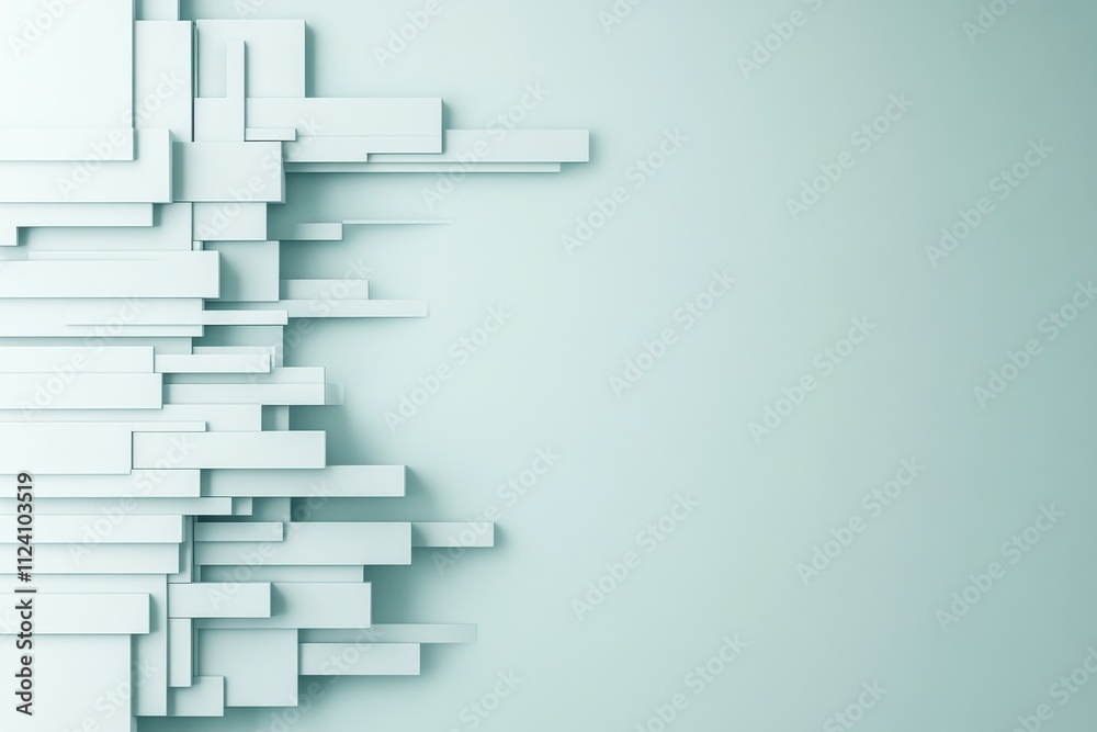 Abstract arrangement of white geometric blocks against a pale green wall, creating visual intrigue with modern architectural aesthetics and minimalist style.