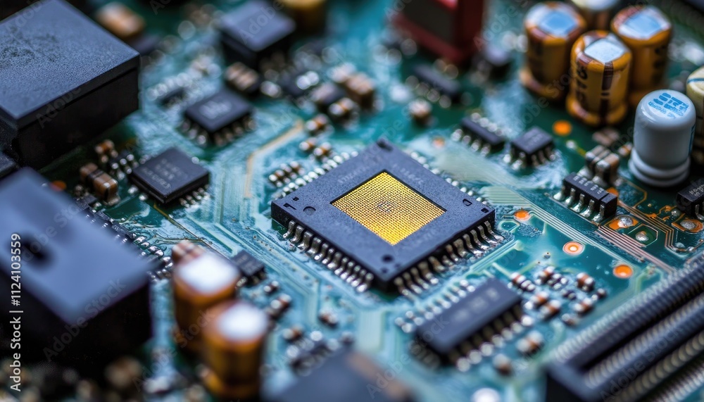 Obraz premium Microchip Circuit Board: Closeup Reveals Complex Electronics Technology, Integrated Components, Detailed Design, Precise Manufacturing, Advanced Engineering.