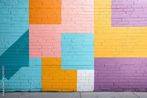 A vibrant mural featuring colorful geometric shapes on a brick wall evokes creativity and artistic expression while adding lively energy to an urban landscape.