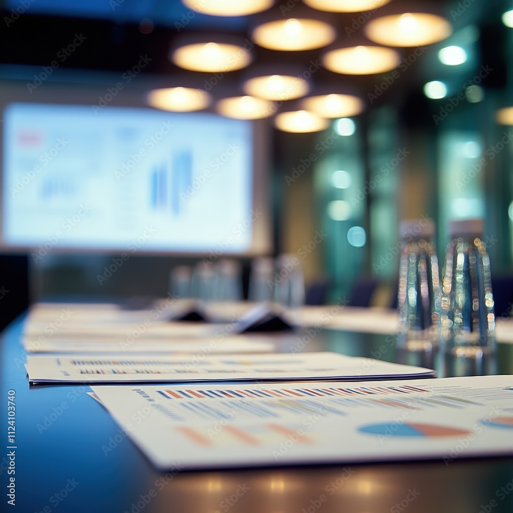 Modern Conference Room with Data Charts and Graphs on Table for Business Presentation and Analysis Modern Conference Room with Data Charts and Graphs on Table for Business Presentation and Analysis