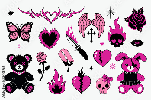 Y2k emo gothic style elements art in 1990s, 2000s style. Vector graphics.