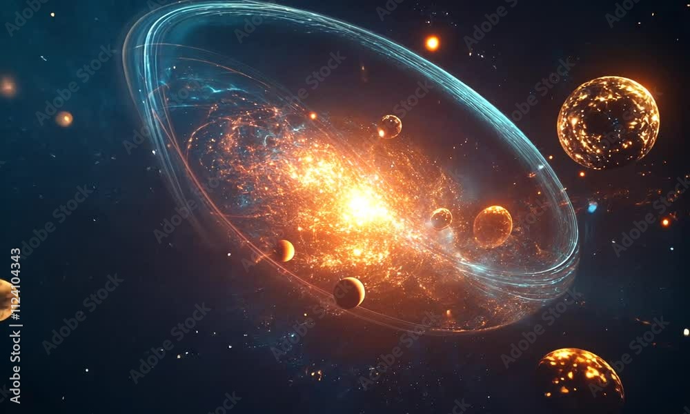 A vibrant cosmic scene depicting stars, planets, and swirling galaxies in deep space.
