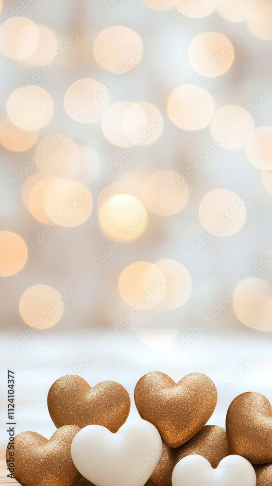 Fototapeta premium Golden and white heart shaped decorations with soft bokeh light background, creating romantic and warm atmosphere