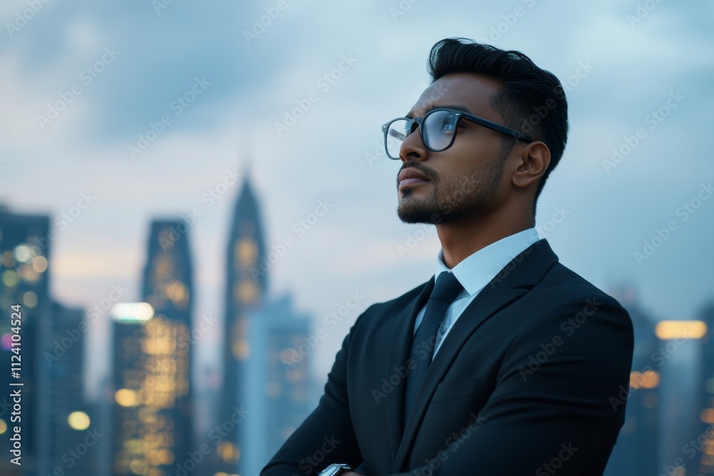 A man in professional attire with glasses stands against a city's sunset skyline, exuding ambition and contemplation, representing career goals and aspirations. A man in professional attire with glasses stands against a city's sunset skyline, exuding ambition and contemplation, representing career goals and aspirations.