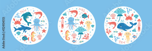 Collection of 3 round interior posters with marine animals on white background. Character in children's style. vector illustration.
