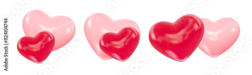 Valentine's Day pair of hearts. Realistic 3d two glossy hearts symbolizing love, romantic. Vector illustration for wedding invitation, romantic greeting card, valentine, certificate, banner, poster.