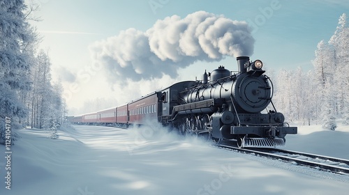 black luxury locomotive running in winter landscape with snow. Christmas decoration.