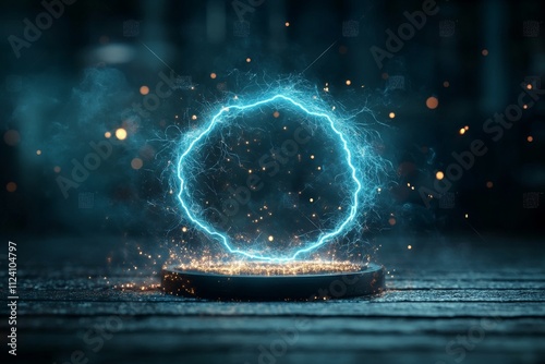 A vibrant electric blue circle surrounded by sparks and smoke sits on a wooden surface, evoking a sense of energy and dynamism in a mystical setting. photo