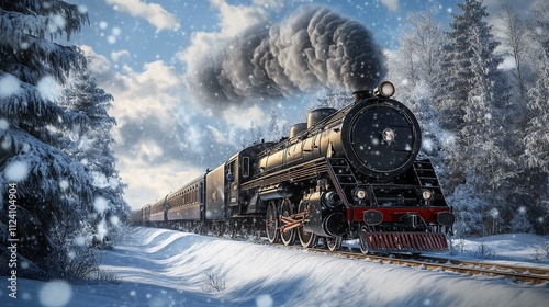 black luxury locomotive running in winter landscape with snow. Christmas decoration.