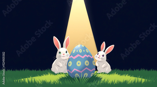 Cartoon style illustration of Easter bunny and Easter eggs