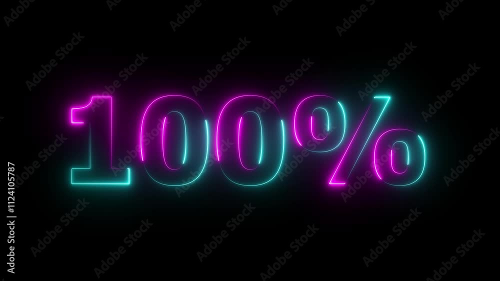 Neon glowing 100 percent sign on black background. Abstract 100% percent text neon animation. Neon glowing 100 percent sign on black background. Abstract 100% percent text neon animation.