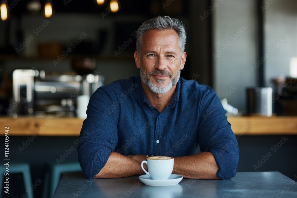 A smiling gray-haired man relaxes with a cup of coffee at a café. The setting is warm and inviting, portraying a pleasant moment of leisure and contentment.