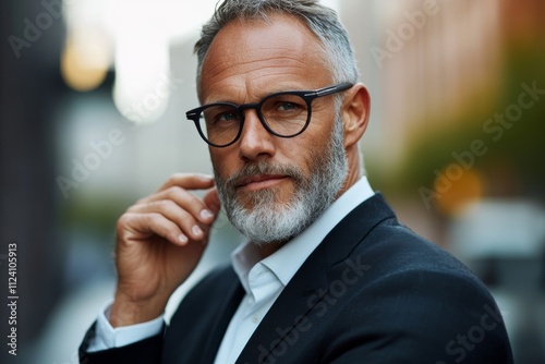 An elegant senior man with glasses stands confidently in an urban setting. Dressed sharply, he exudes sophistication and confidence amidst the city backdrop.