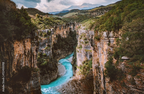 Osum canyon in Albania landscape river and rocks wild nature mountains scenery travel Balkans landmarks blue water beautiful destinations summer season