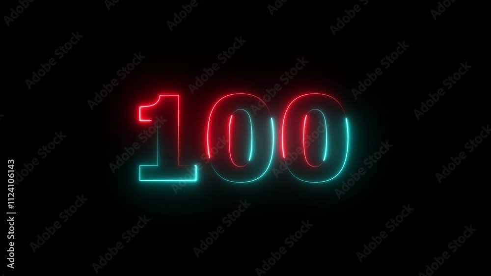 Glowing neon number 100. Two-color looping trendy glowing neon numeric number hundred. Educational mathematics 100 animation.