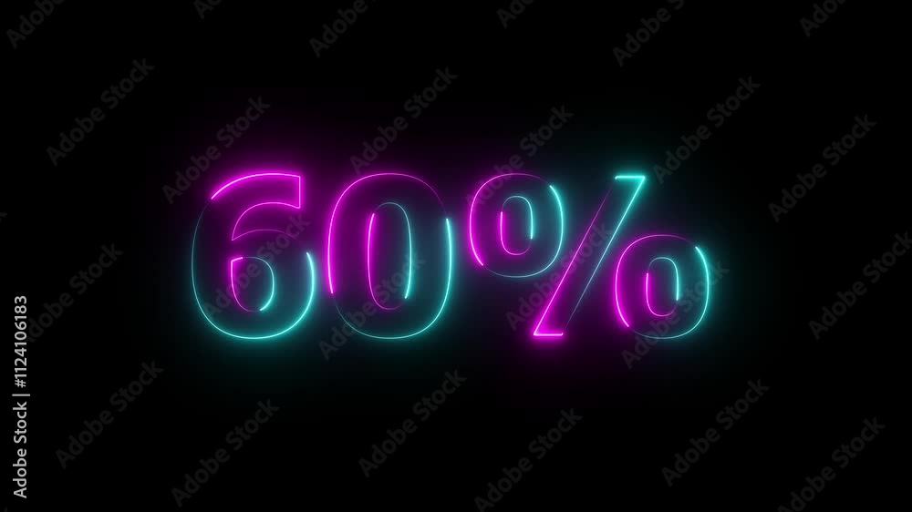 Neon glowing 60 percent sign on black background. Abstract 60% percent text neon animation. Neon glowing 60 percent sign on black background. Abstract 60% percent text neon animation.