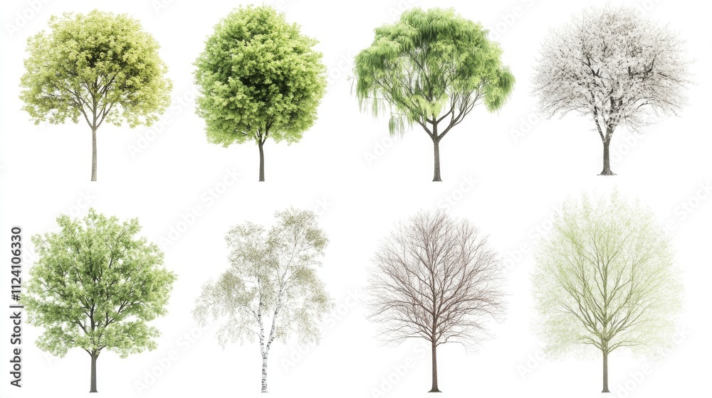 Fototapeta premium Diverse Tree Species: Eight Trees Showcase Spring Foliage, Winter Branches, and Unique Textures. Nature's Beauty in Various Stages.