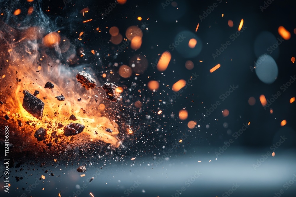 An intense explosion of fiery debris captured in motion, with glowing ...