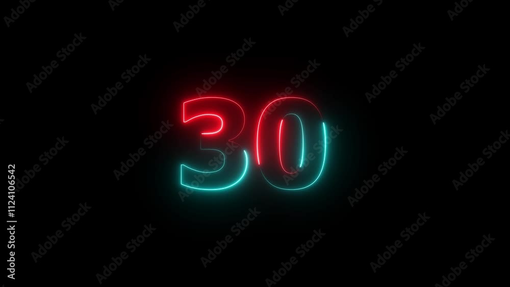 Glowing neon number 30. Two-color looping trendy glowing neon numeric number thirty. Educational mathematics 30 animation.