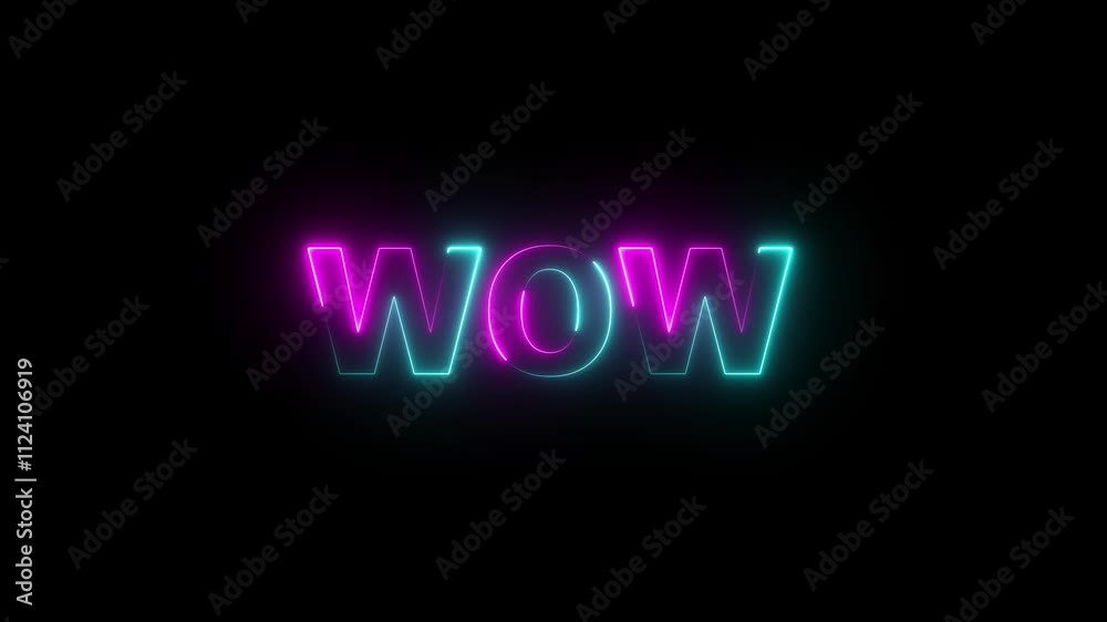Wow neon sign animation. Glowing neon lines wow text animation on black background. Seamless loop. neon luxury wow text animation. 