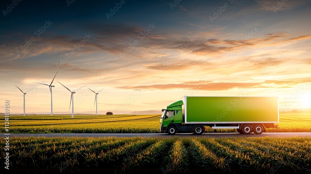 Green logistic Sustainable transport concept. Green truck driving through a picturesque landscape with wind turbines at sunset. Green logistic Sustainable transport concept. Green truck driving through a picturesque landscape with wind turbines at sunset.