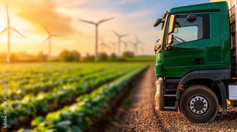 Green logistic Sustainable transport concept. Green truck parked near a field with wind turbines at sunset, showcasing agriculture and renewable energy synergy.