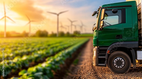 Obraz na płótnie Green logistic Sustainable transport concept. Green truck parked near a field with wind turbines at sunset, showcasing agriculture and renewable energy synergy. w salonie