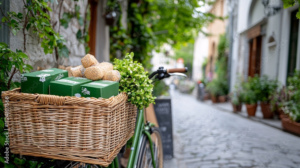 Green logistic Sustainable transport concept. Bicycle with a basket full of green packages on a charming cobblestone street.