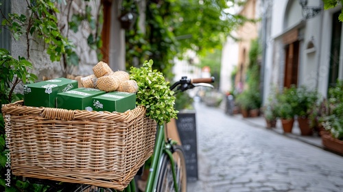 Obraz na płótnie Green logistic Sustainable transport concept. Bicycle with a basket full of green packages on a charming cobblestone street. w salonie
