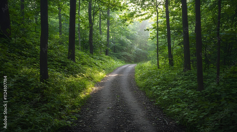 Obraz premium Hidden Path through Lush Green Jungle Surrounded by Overgrown Foliage and Towering Trees, Evoking a Serene and Enigmatic Wilderness Experience