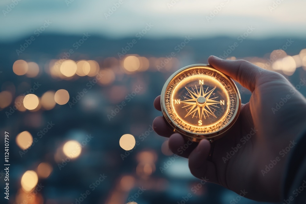 A close-up of a hand holding a compass with glowing lights in the background, symbolizing direction and guidance against a blurred urban cityscape.