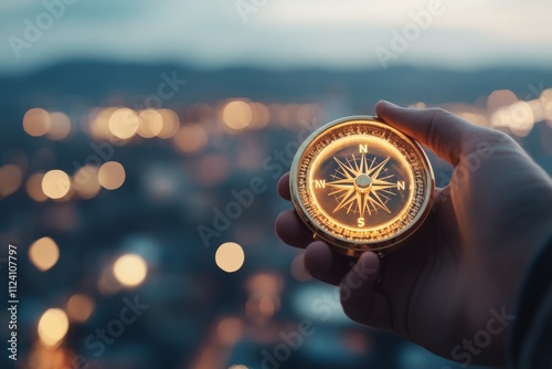 A close-up of a hand holding a compass with glowing lights in the background, symbolizing direction and guidance against a blurred urban cityscape. photo