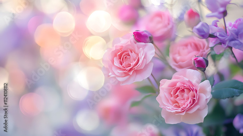 Bokeh roses and lilacs blooming in a colorful garden nature photography soft focus viewpoint serene ambiance