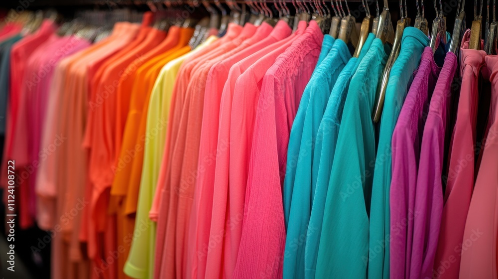 Colorful shirts hanging on rack in a row. Perfect for websites, blogs, or fashion related projects. Colorful shirts hanging on rack in a row. Perfect for websites, blogs, or fashion related projects.